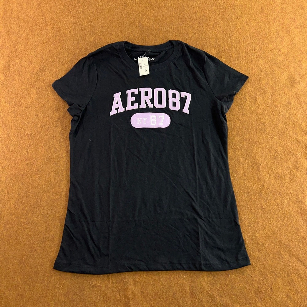 Aeropostale Womens XL Black Purple AERO 87 Graphic Classic Crew T-Shirt NWT